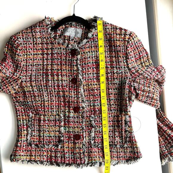 Emil Rutenberg Silk Tweed Jacket, Cropped Red Plaid Coat, Fringe, Size S - Picture 10 of 13